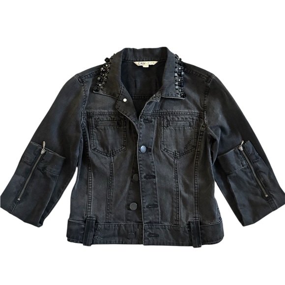 CAbi Jeans Jacket Womens XS Gray Denim Beaded Embellished Zip Cuff - Picture 2 of 4